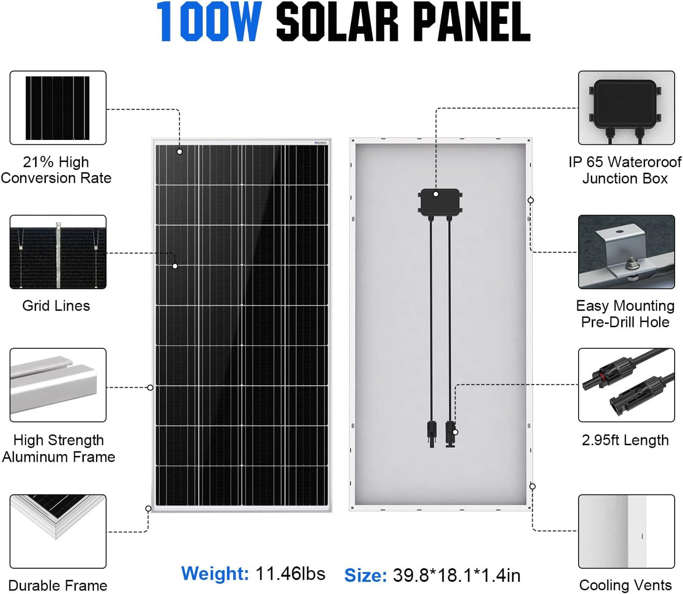 ECO-WORTHY 100 Watt 12 Volt Solar Panel Kit - $60