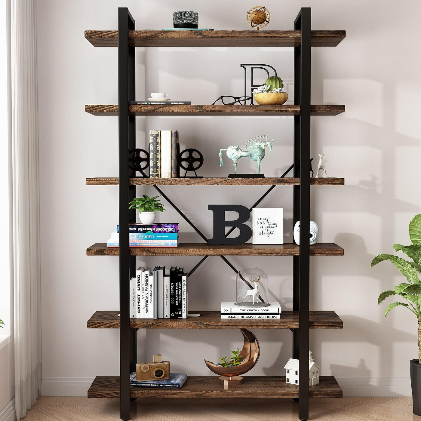 Solid Wood Bookcase and Book Shelves Wood and Metal Shelving Unit 5 Tier - $170