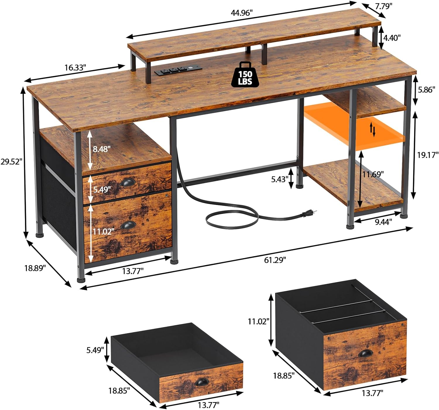 Furologee 61" Computer Desk with Power Outlet and LED Lights - $90