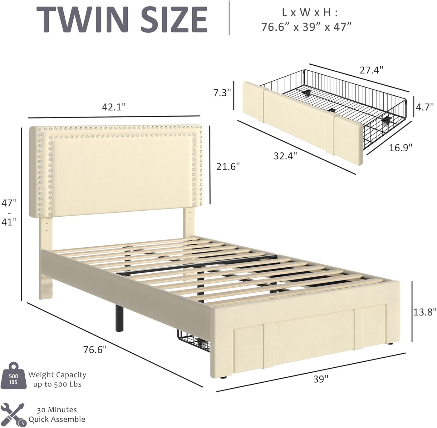 VECELO Twin Platform Bed Frame with Storage Drawer, Adjustable Headboard - $80