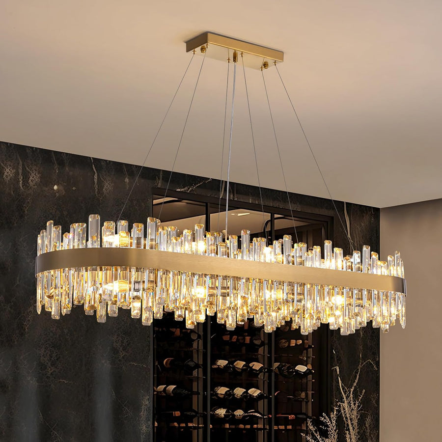 Siljoy Modern Crystal Chandeliers, Brushed Gold Rectangle Crystal Chandelier - $475