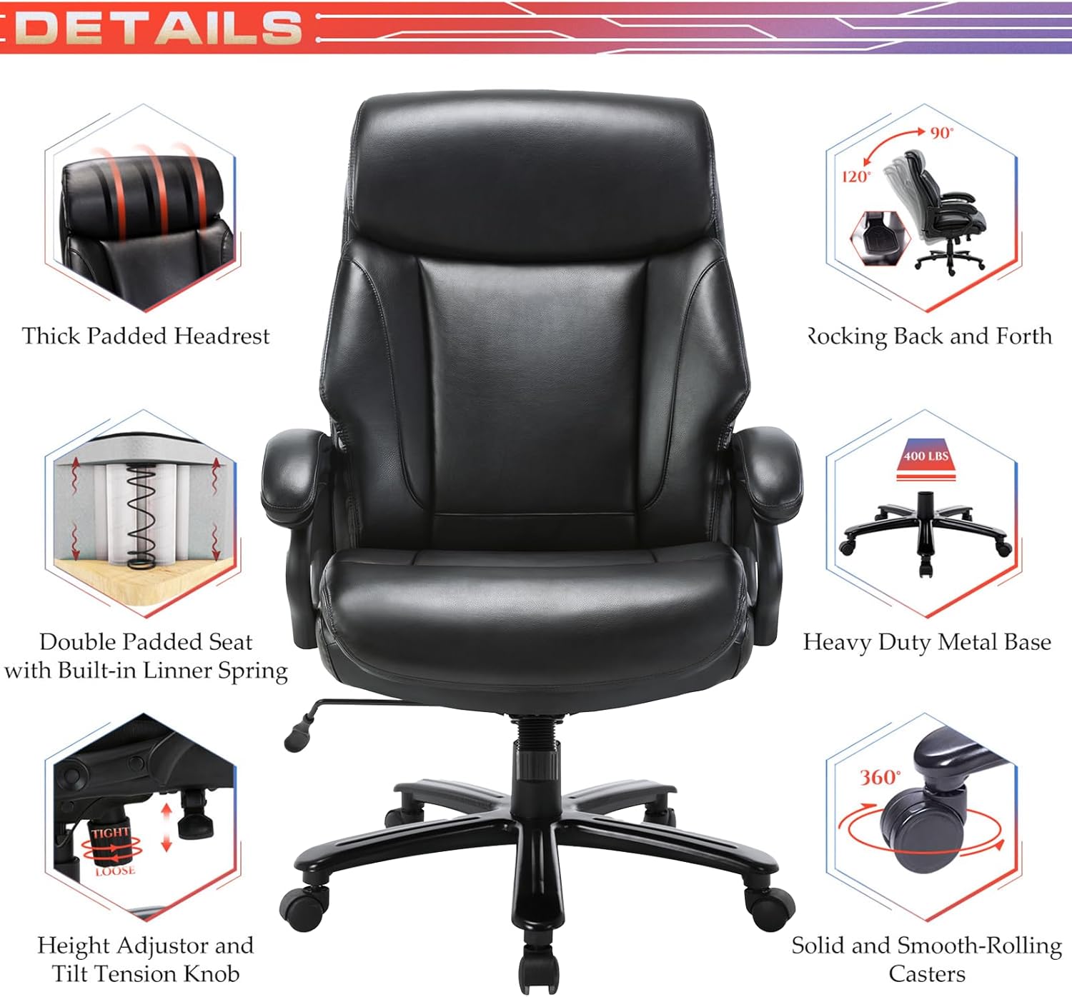 COLAMY Big & Tall Office Chair 400lb Large High Back Executive Desk Chair - $120