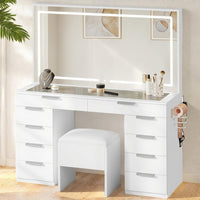 YITAHOME Vanity Desk with Large Mirror & 3-Color Light Bulbs, 10 Drawers - $175