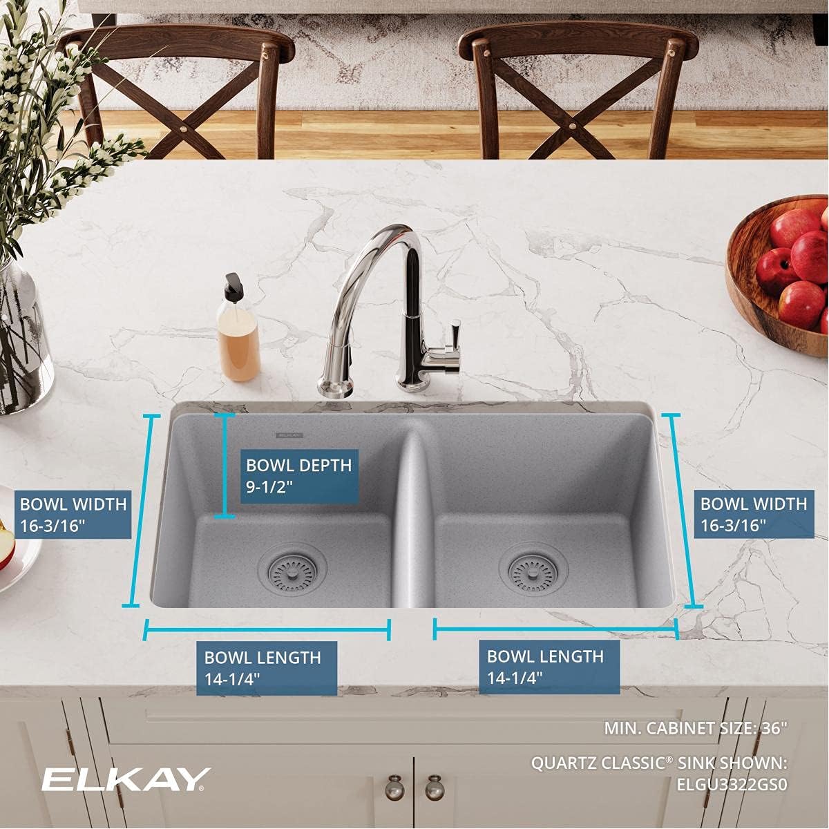 Elkay Quartz Classic ELGU3322GS0 Greystone Equal Double Bowl Undermount Sink - $255