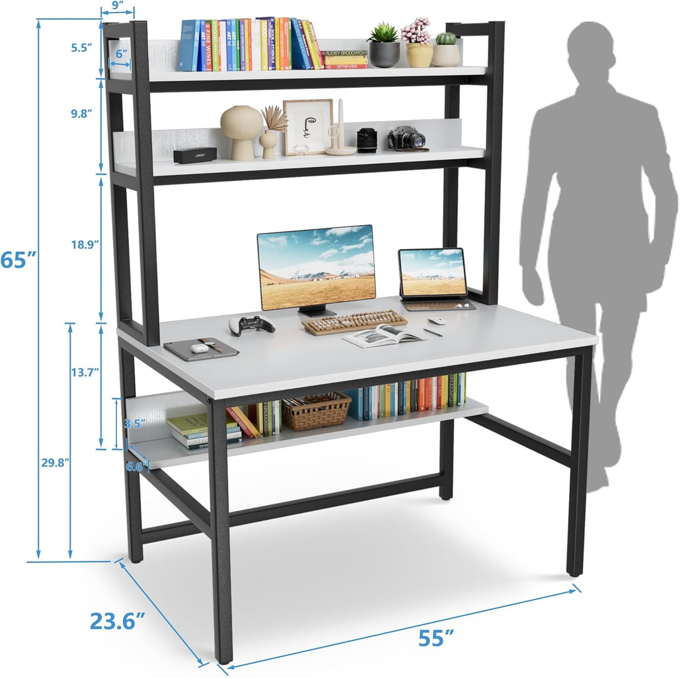 Aquzee Desk with Hutch and Shelves, 55 inch White Computer Desk - 120