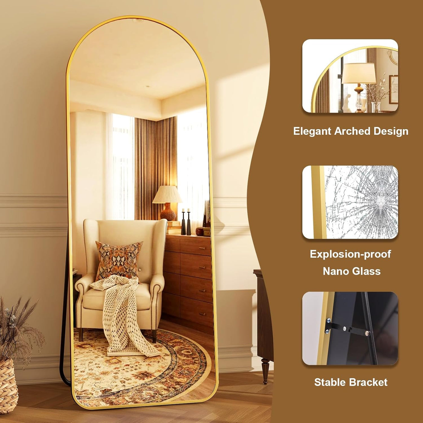 HARRITPURE 64"x21" Arched Full Length Mirror Floor Mirrors,Gold - $45