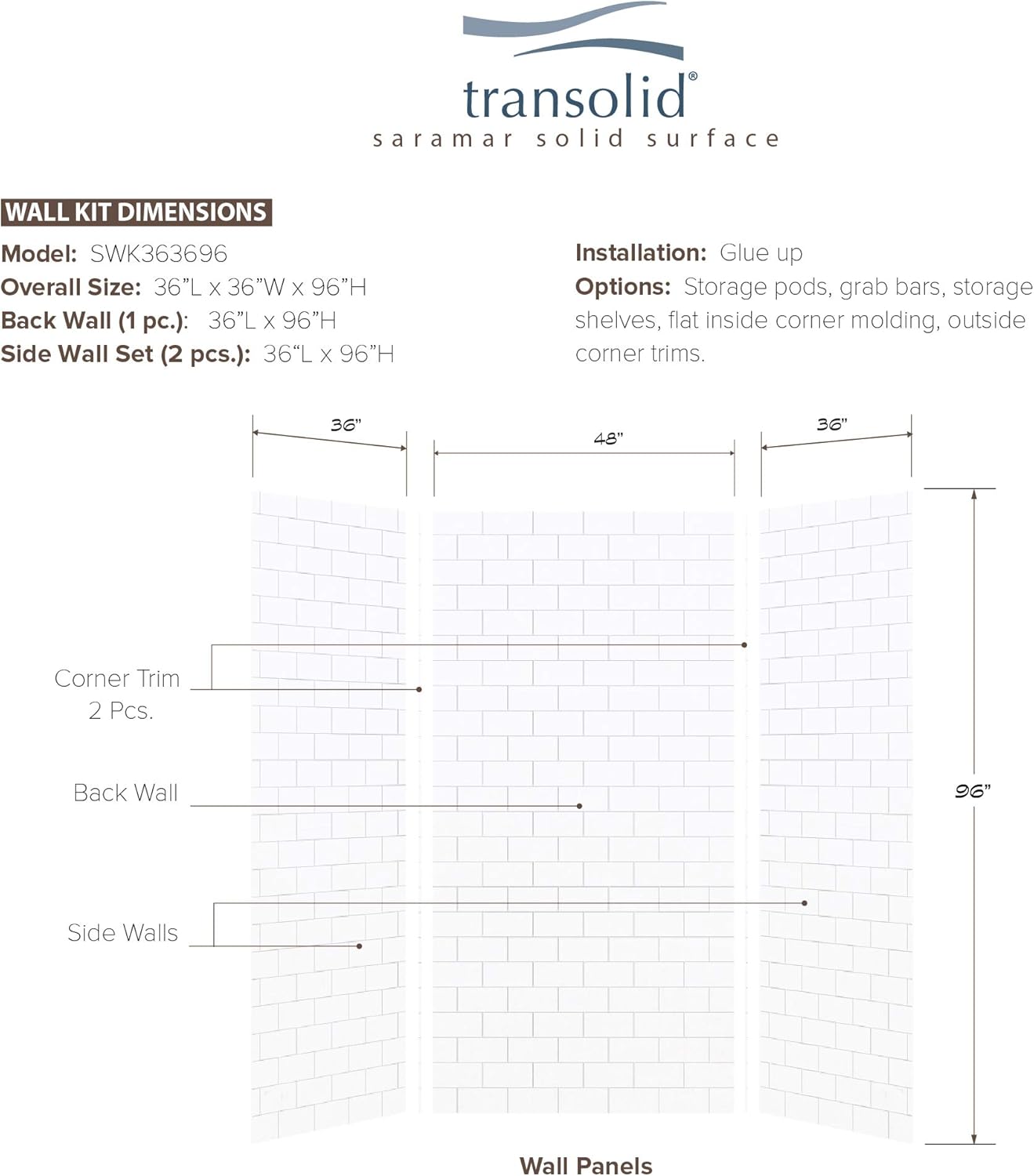 Transolid SWK483696-21 SaraMar 36-in X 48-in X 96-in Glue 3-Piece Shower Wall Kit - $920