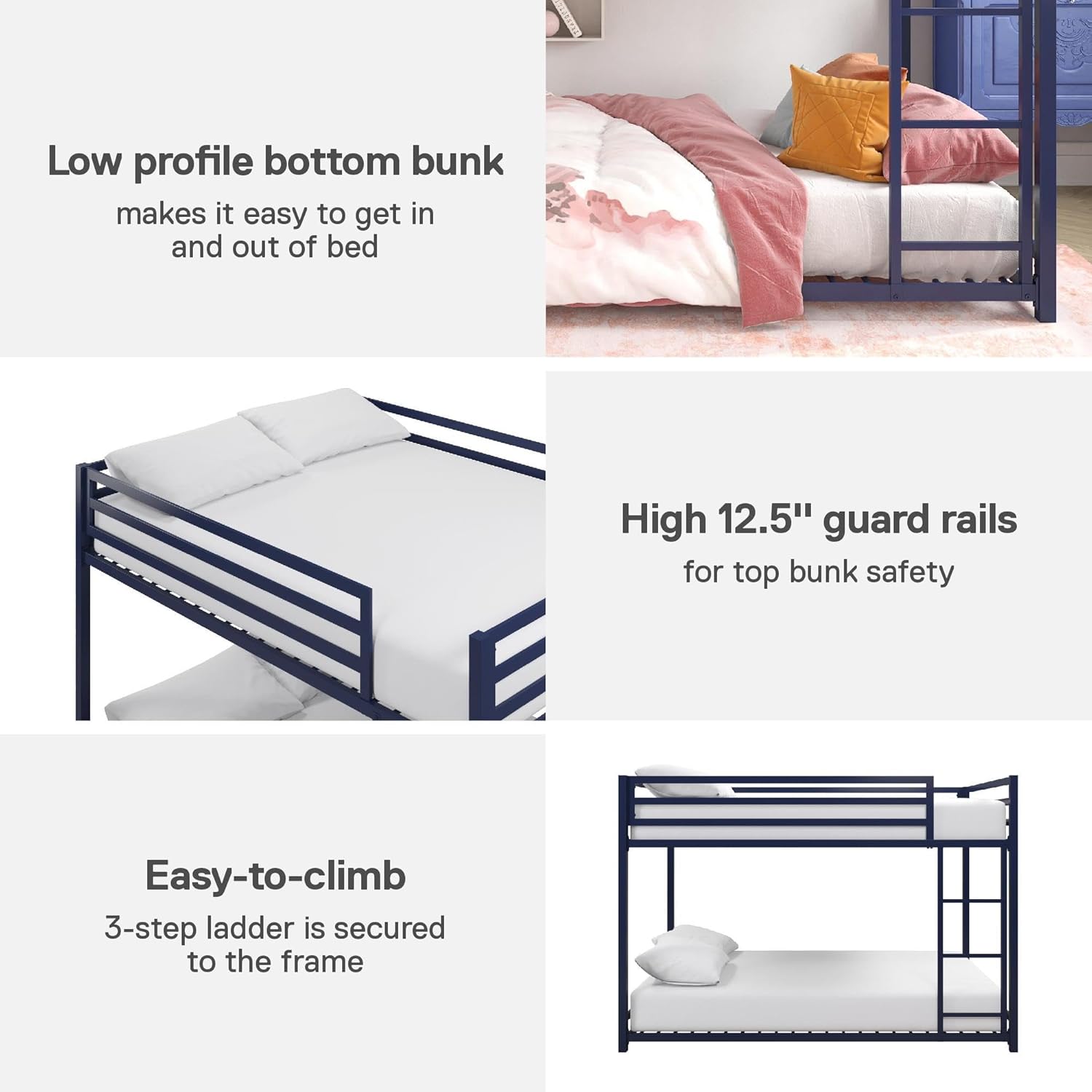 DHP Miles Low Metal Bunk Bed Frame for Kids, With Built-in Ladder - $120