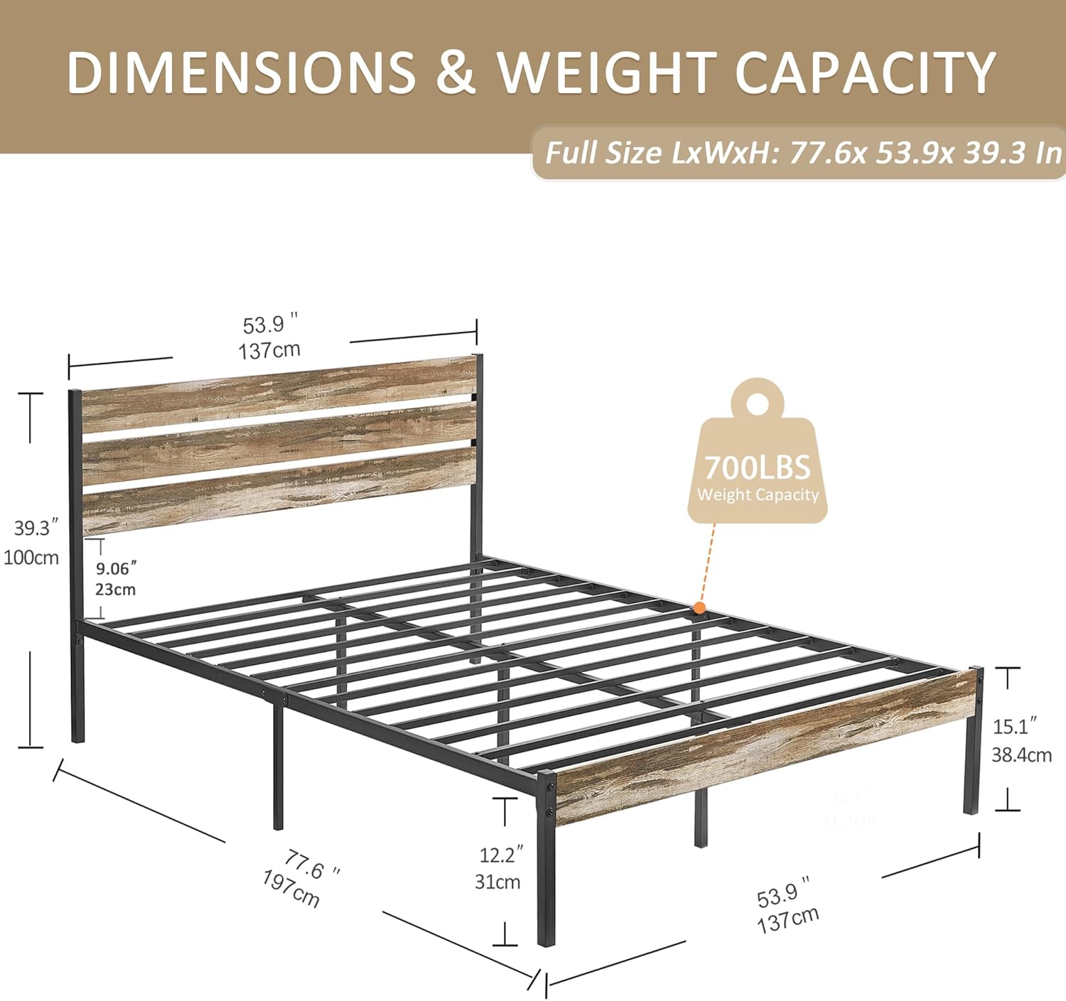 VECELO Full Size Bed Frame with Wood Headboard and Footboard, 14 Inch - $80