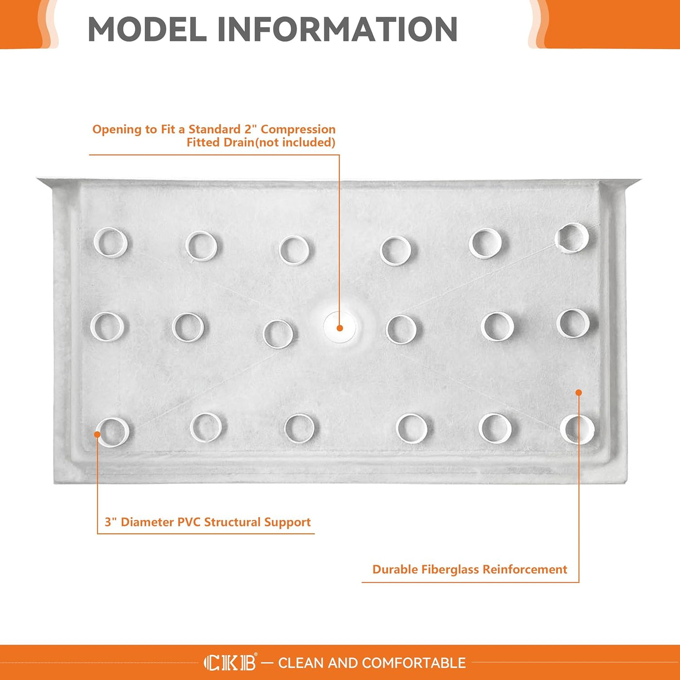 CKB 60 in. L x 36 in. W Center Drain Shower Base, Single Threshold Shower Pan - $240