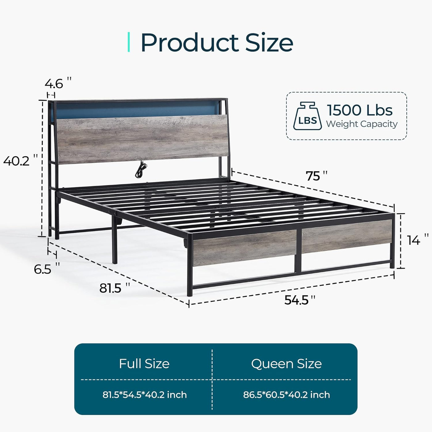 LINSY Full Bed Frame with Storage, Ergonomic Headboard, 14 inch, Greige - $125