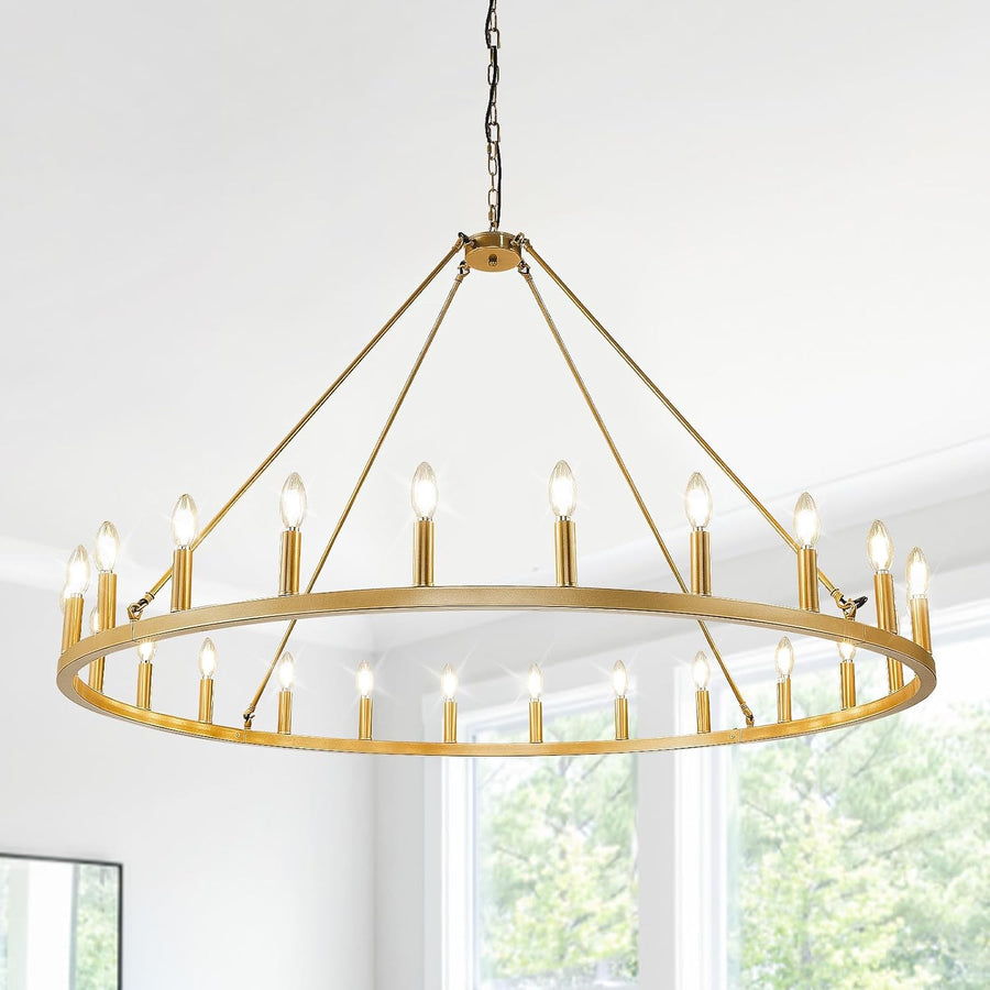 24-Light Gold Wagon Wheel Chandelier Farmhouse, 54 Inch Extra Large Chandeliers - $205