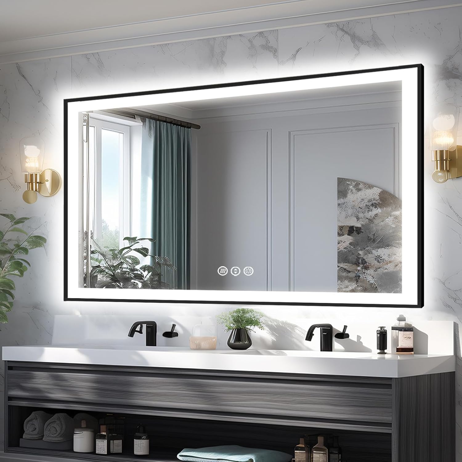 55x36 LED Bathroom Mirrors for Wall -Black Aluminum Trim (Front and Backlit) - $320