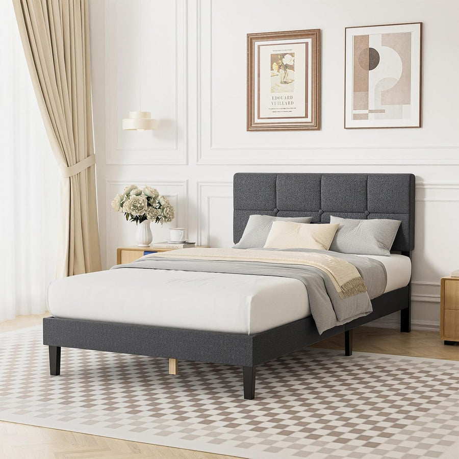 Sweetcrispy Twin Size Wood Bed Frame - Linen Upholstered Platform Bed - $65