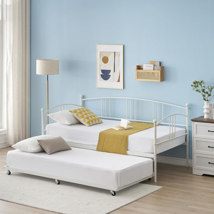 GAOMON Twin Metal Daybed with Pullout Trundle, Steel Slat Support, White - $80