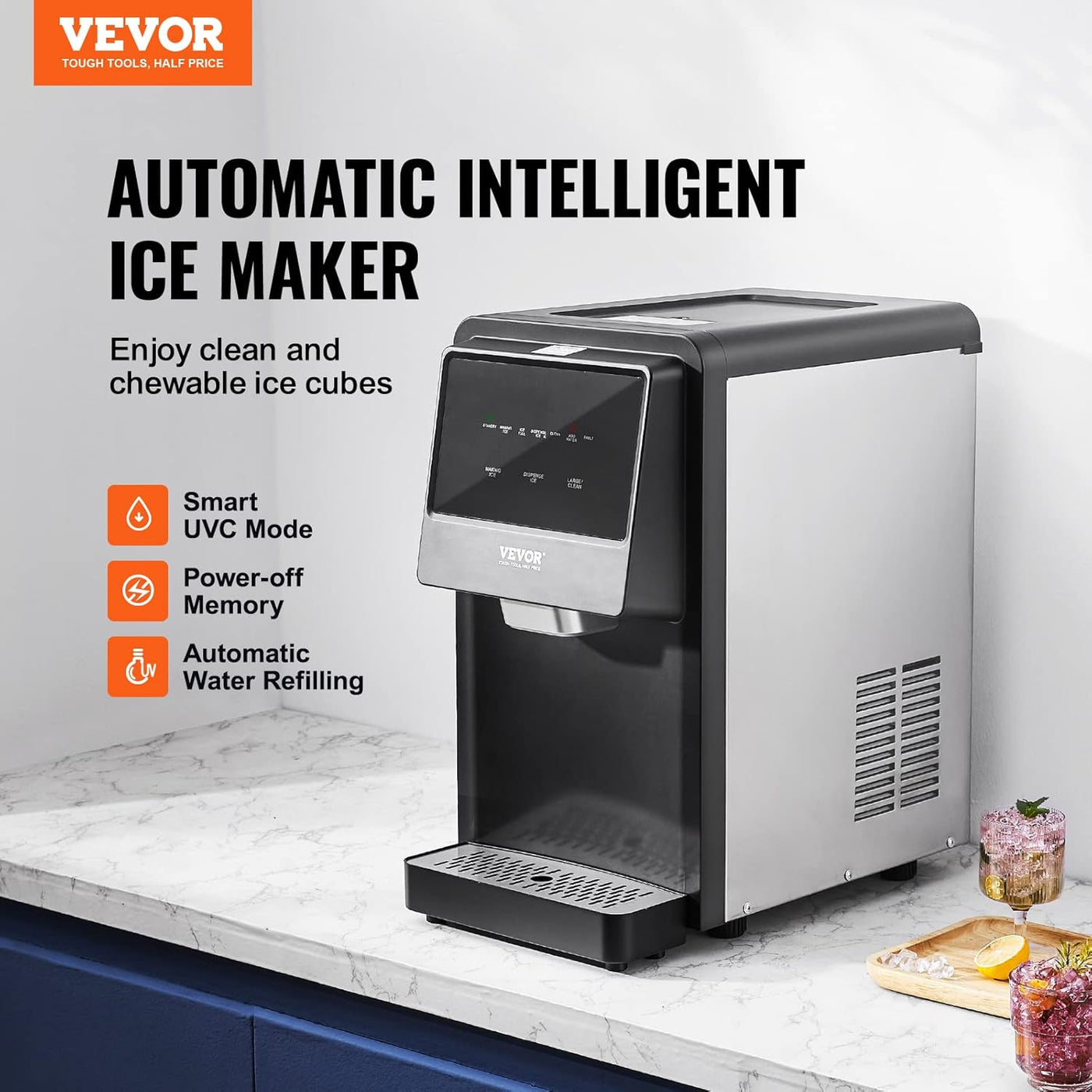 VEVOR Nugget Ice Maker, 62lbs in 24 Hours, Auto Dispense Self Cleaning Countertop - $285