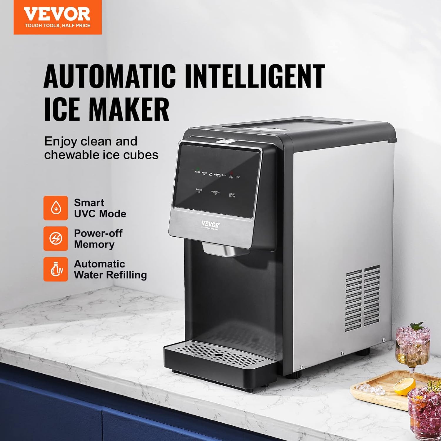 VEVOR Nugget Ice Maker, 62lbs in 24 Hours, Auto Dispense Self Cleaning Countertop - $285