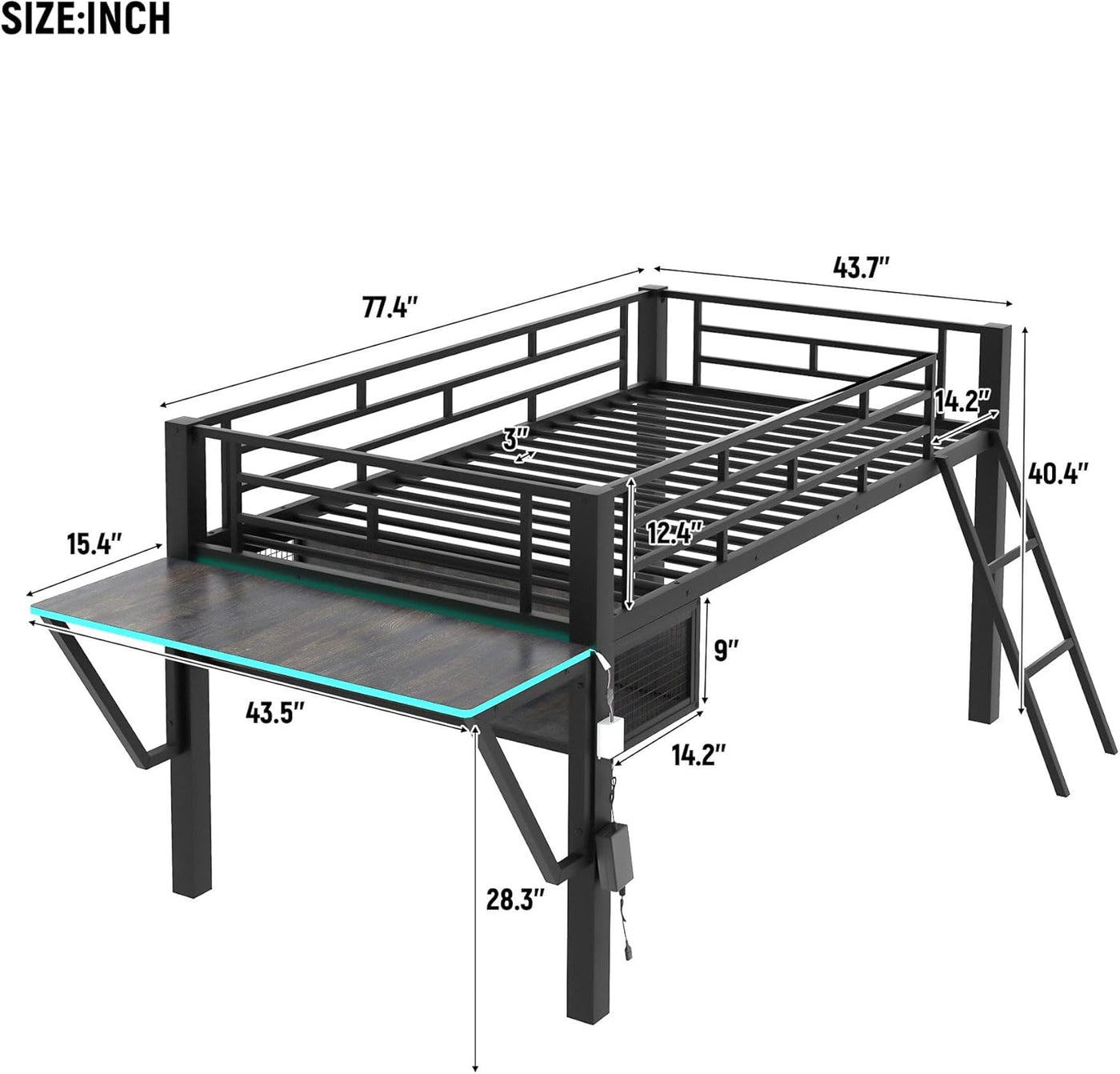 Harper & Bright Designs Gaming Mid Loft Bed Frame with Desk, LED, Twin, Black - $110