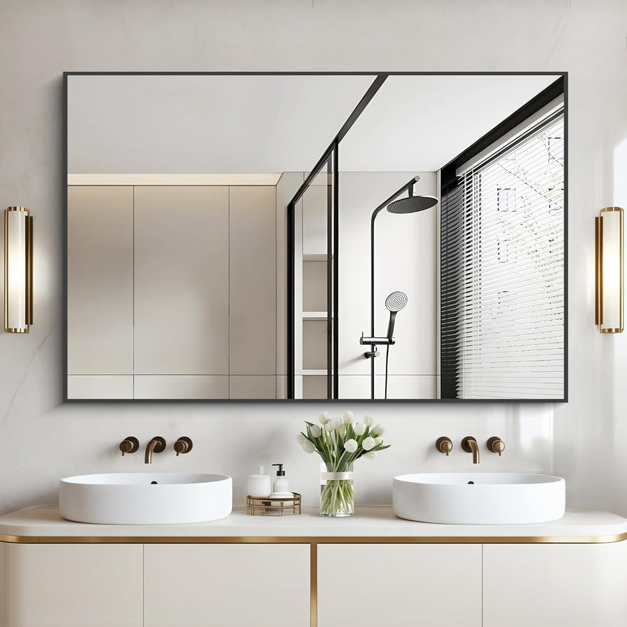 Bathroom Black Mirror, 36x55in Black Rectangle Mirror with Thin Metal Frame - $110