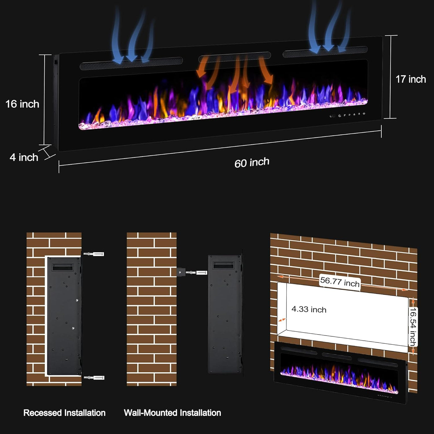 60" Electric Fireplace Wall Mounted and Recessed with Remote Control - $160