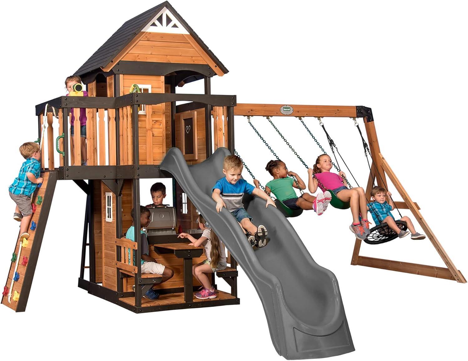 Backyard Discovery Canyon Creek All Cedar Wood Swing Set w/Grey Wave Slide - $1100