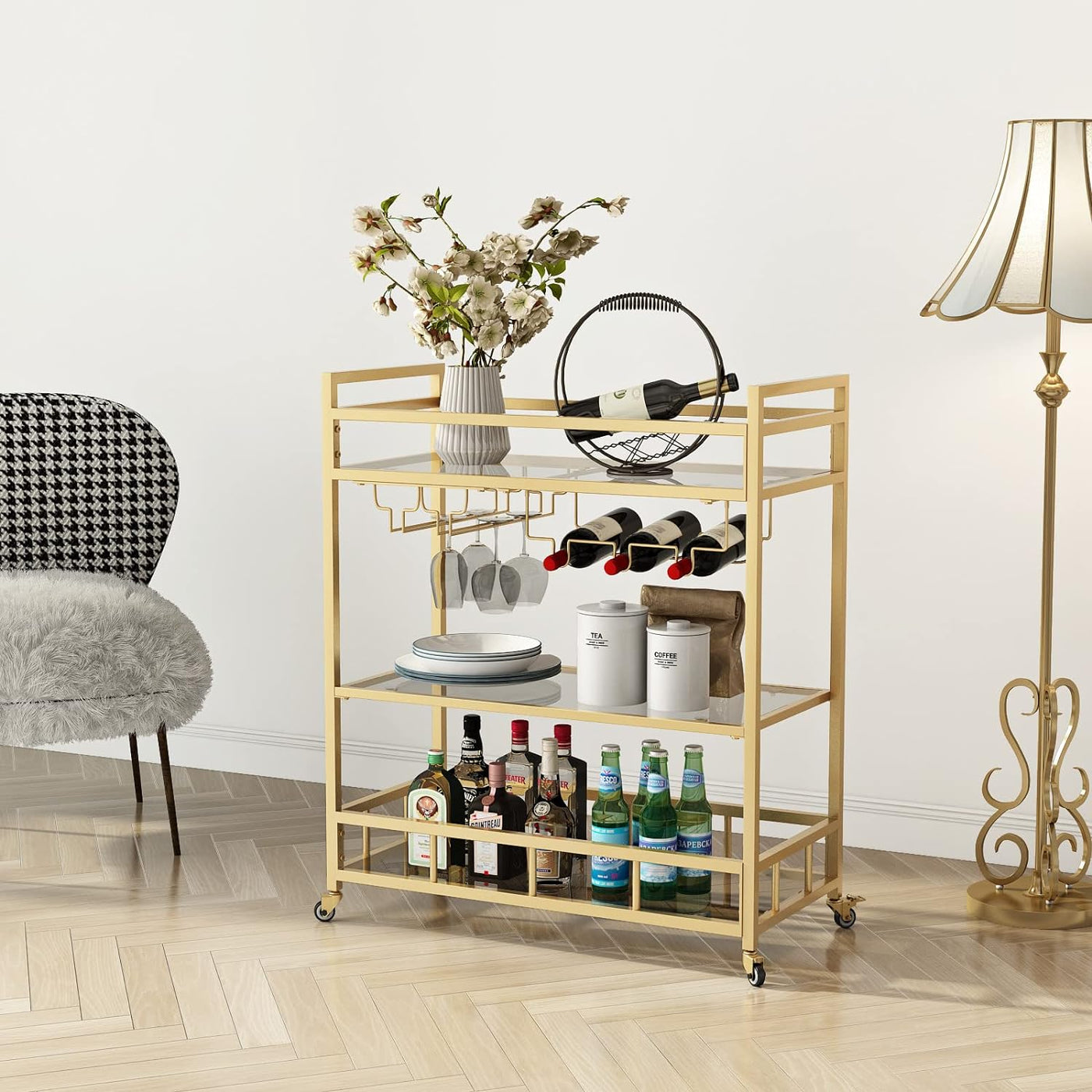 LORMITER Bar Cart Gold with Bottle Storage and Wine Glass (3-Tier) - $85