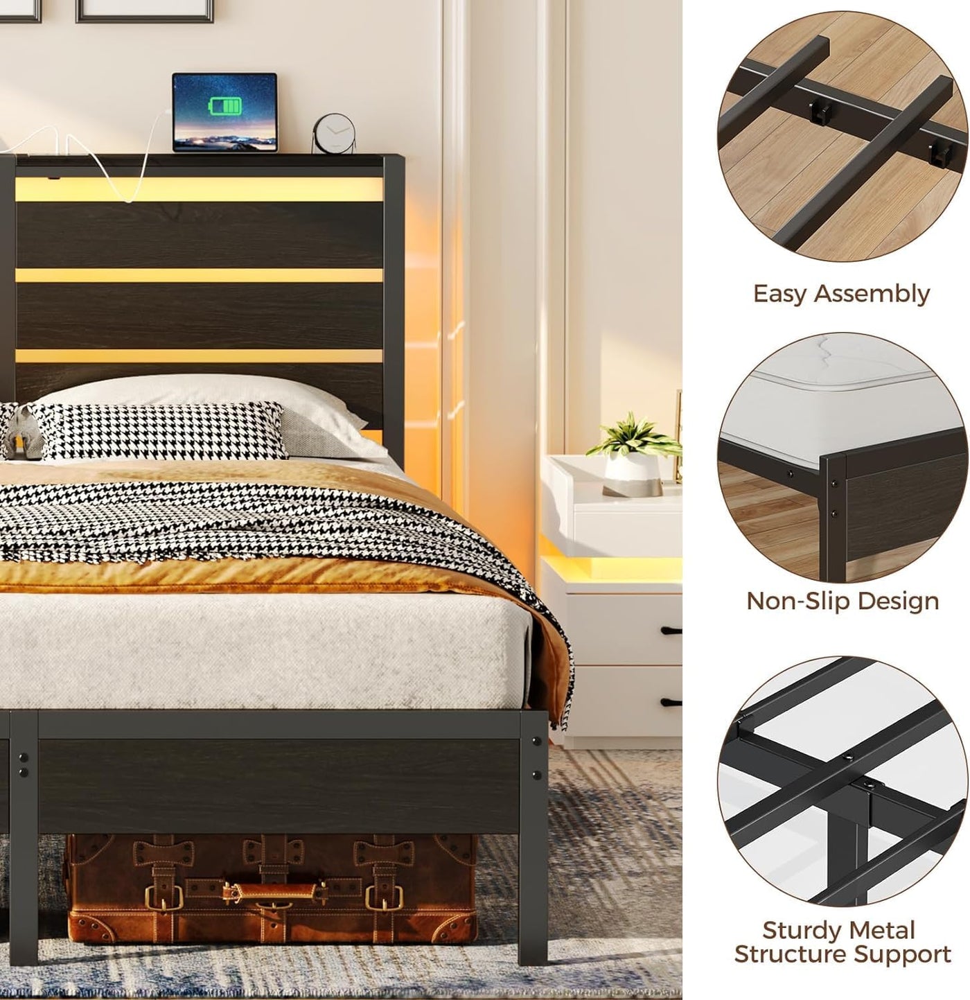 Rolanstar Bed Frame Twin Size with USB Charging Station, LED Bed Frame - $50