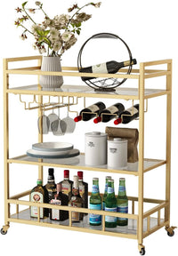 LORMITER Bar Cart Gold with Bottle Storage and Wine Glass (3-Tier) - $85