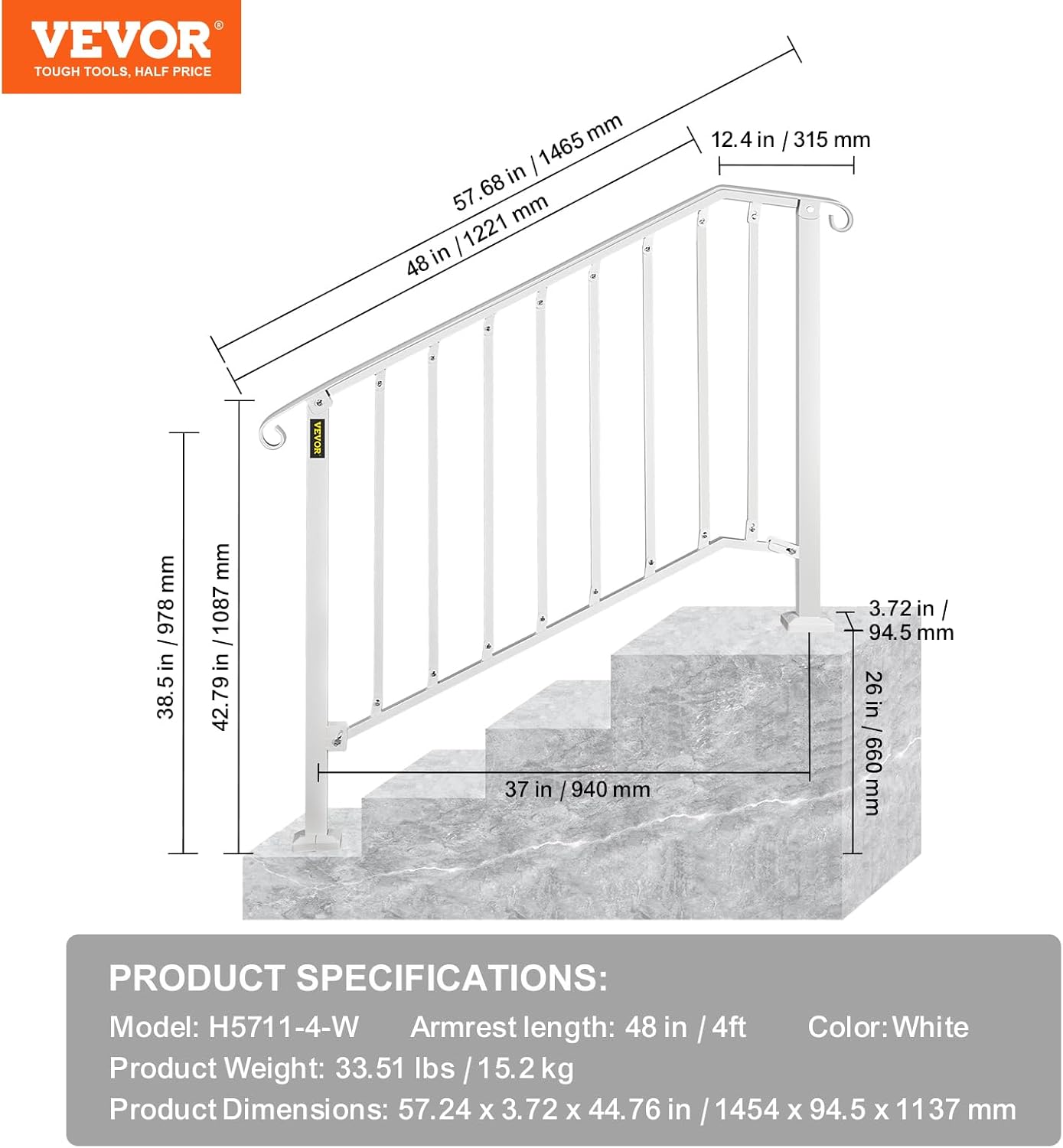 VEVOR Handrail for Outdoor Steps, 3-4 Steps White Fence Outdoor Handrail - $70