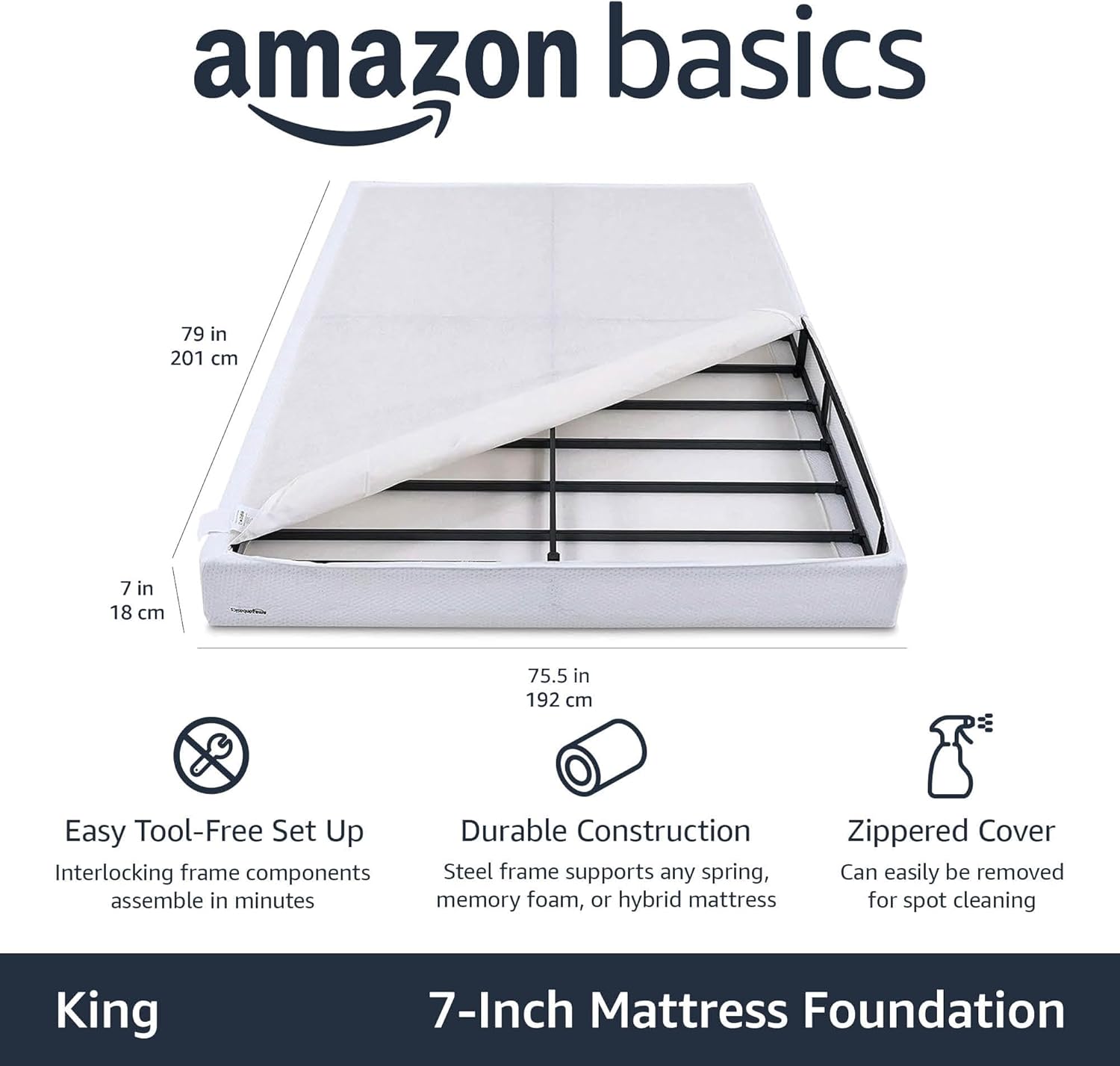 Amazon Basics King Bed Frame Metal - Smart Box Spring Base with Extra Firm - $85