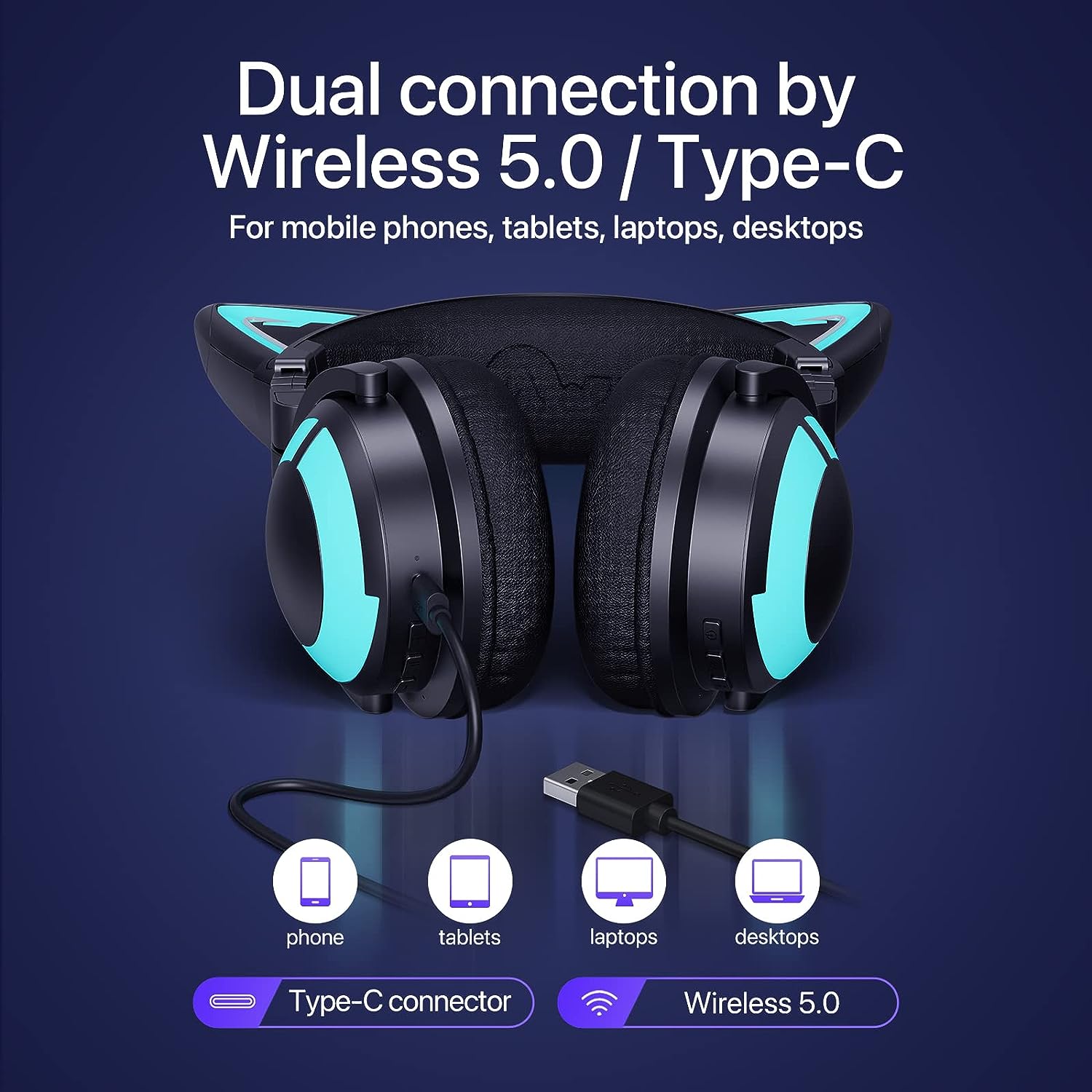 YOWU RGB Cat Ear Headphone 3G Wireless 5.0 Foldable Gaming Headset