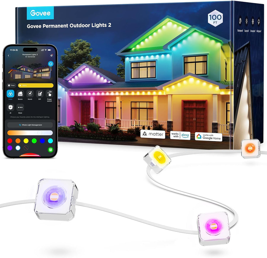 Govee Permanent Outdoor Lights 2, 100ft RGBIC Outdoor Lights with 72 LED Lights - $200
