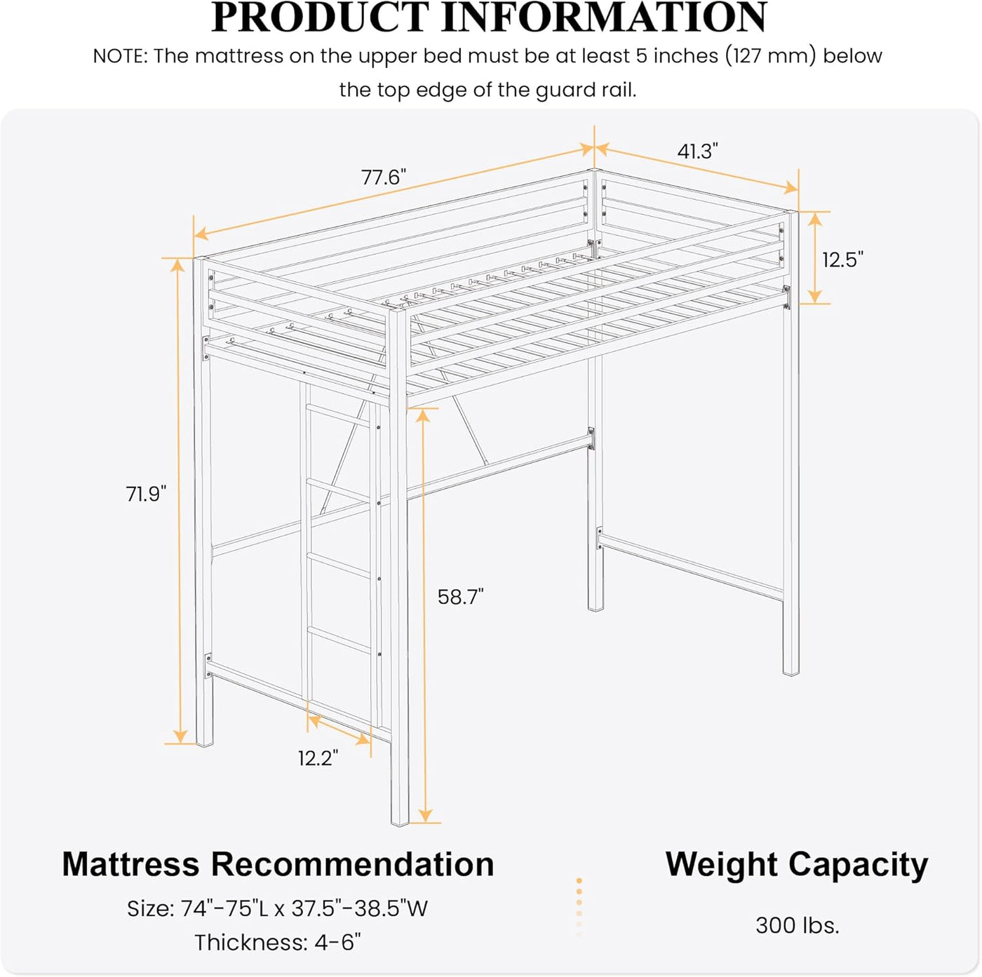 SHA CERLIN Loft Bed Twin Size with Ladder and Guardrail,Heavy Duty Metal - $110