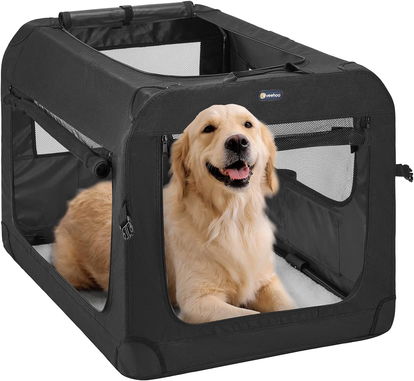 Veehoo Folding Soft Dog Crate, 3-Door Pet Kennel, 36", Black - $65