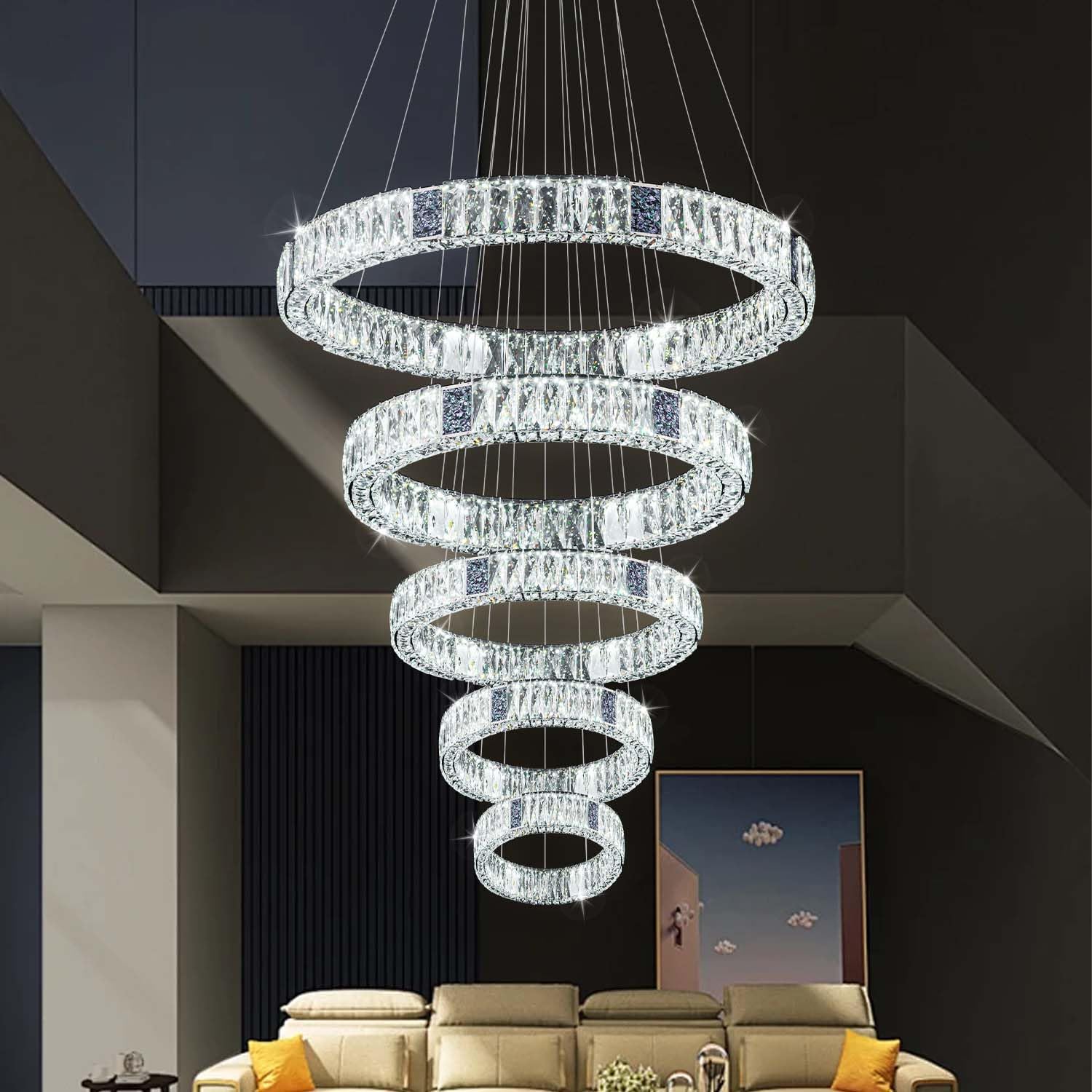 Modern Crystal Chandelier Lighting, Large 5 Ring Adjustable Stainless Steel LED - $515