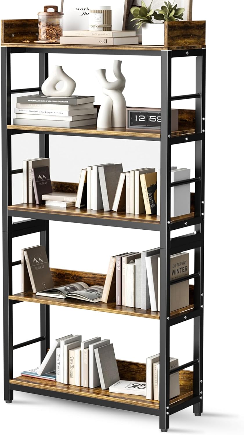 Aquzee Bookshelf, 5 Tiers Industrial Bookcase Wood & Metal, 66" H x 31" W x 12" - $90