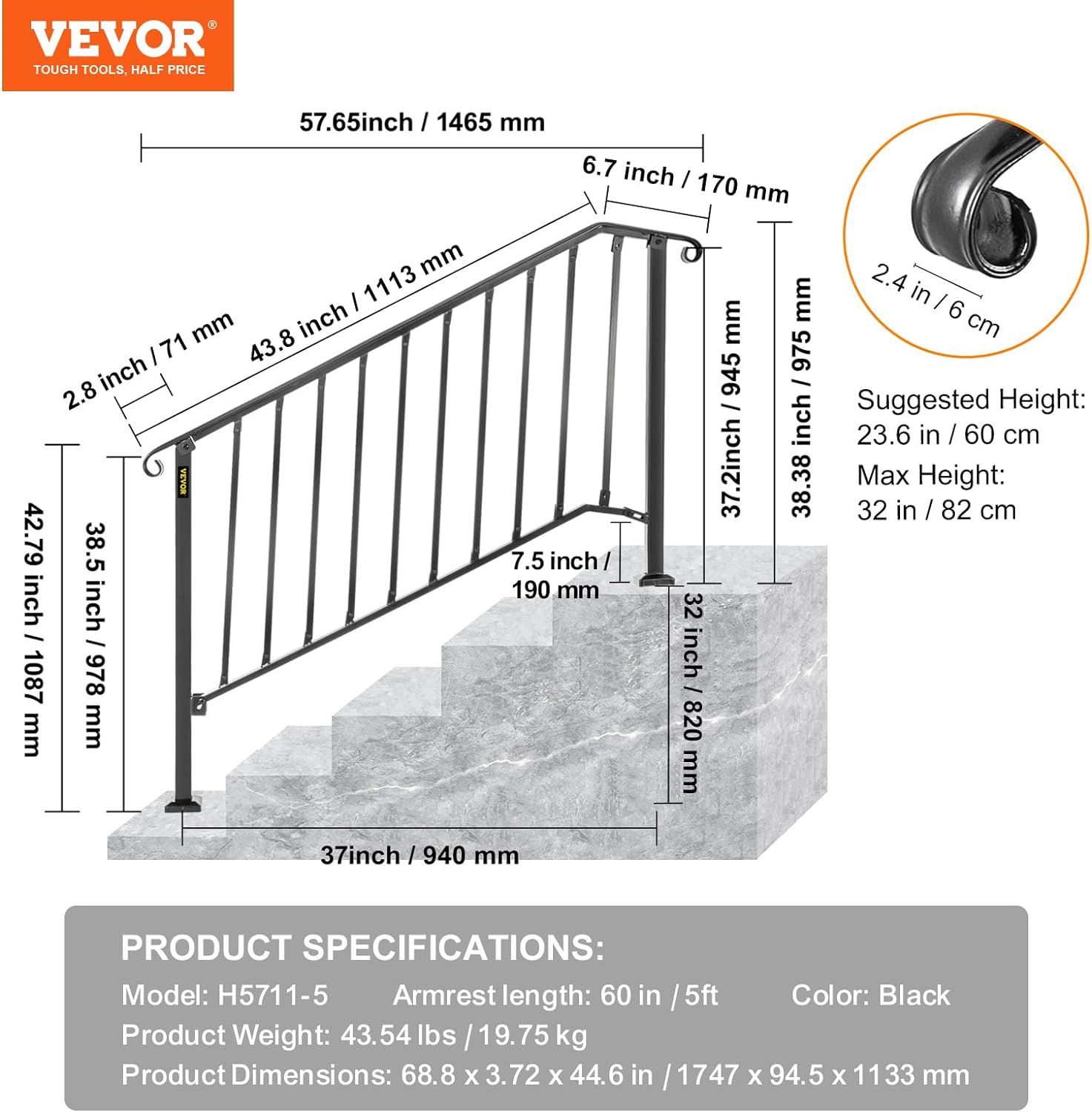 VEVOR Handrail for Outdoor Steps, 4-5 Steps Black Fence Outdoor Handrail - $95