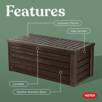 Keter Outdoor Storage Deck Box, 150 Gallon Resin Patio Bin & Bench, Wood Grain - $110