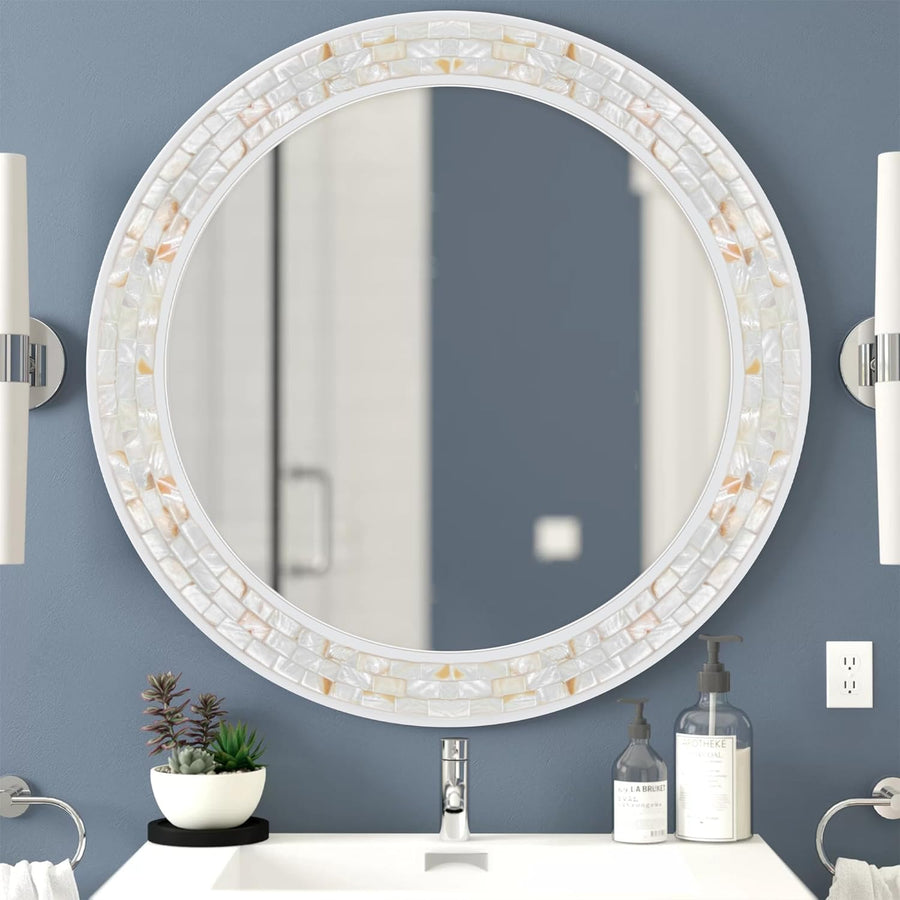 White Round Mirror 30 Inch, Natural Mother of Pearl Framed Circle Wall Mirror - $65