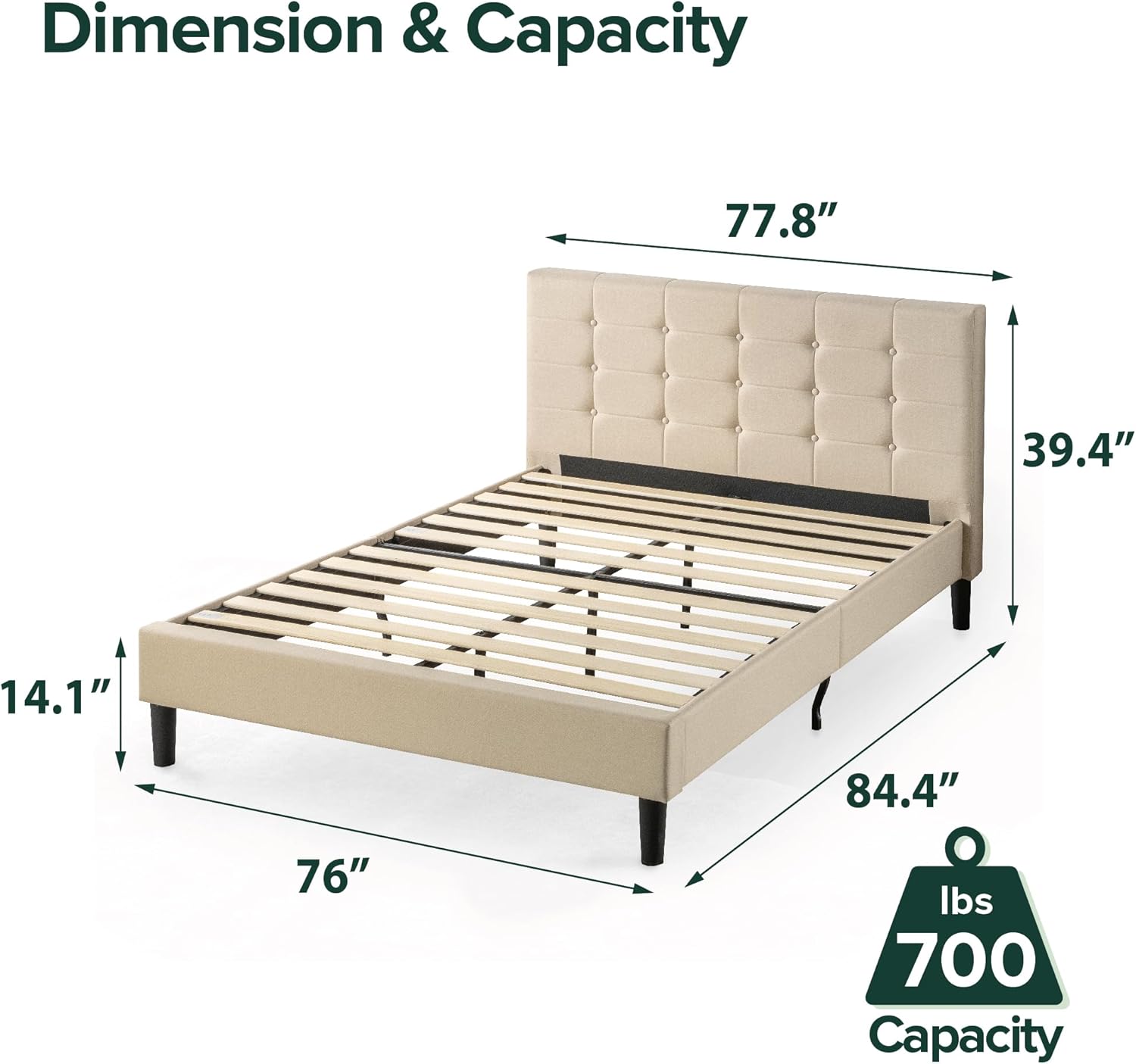 ZINUS Ibidun Upholstered Platform Bed Frame, Mattress Foundation, King, Beige - $150