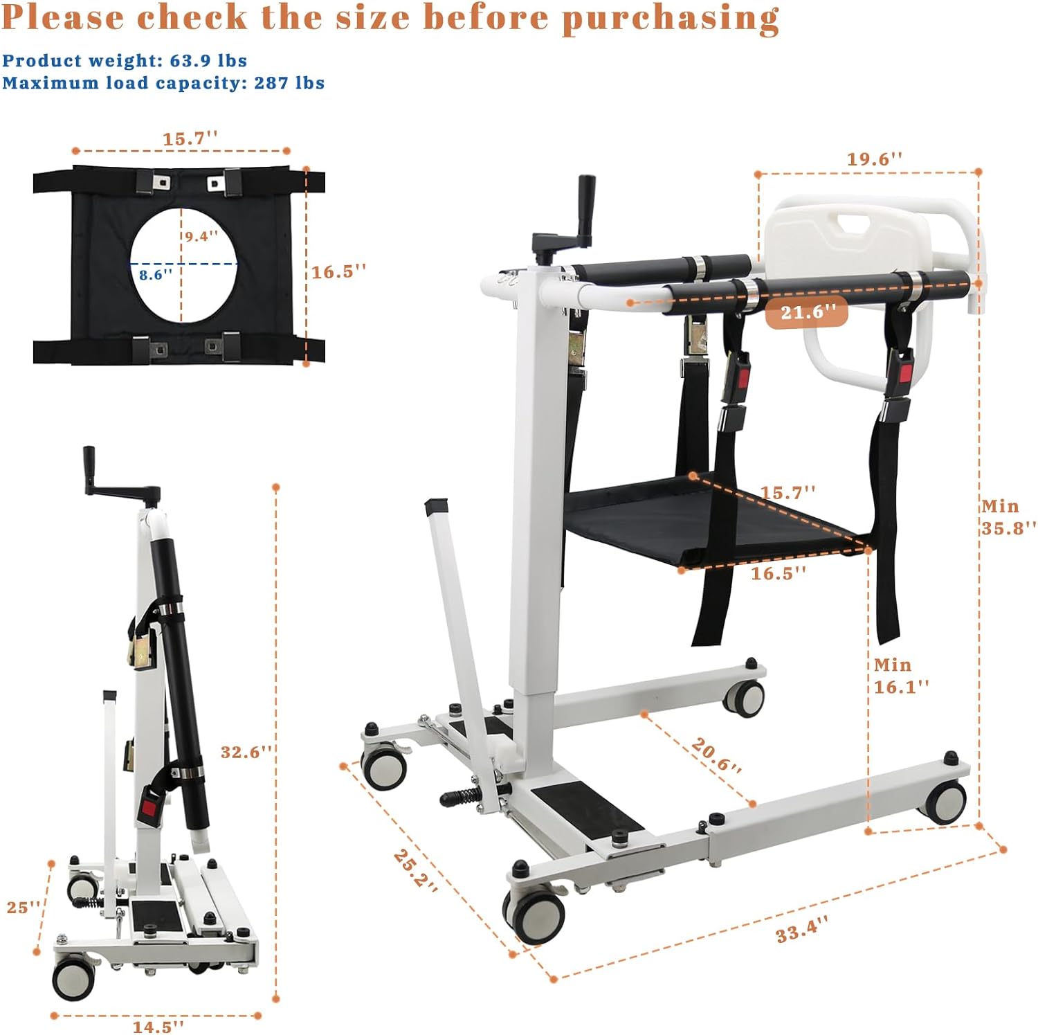 Patient Lift Wheelchair, Adjustable Patient Lift Transfer Chair w/ Upgrade Cushion - $320