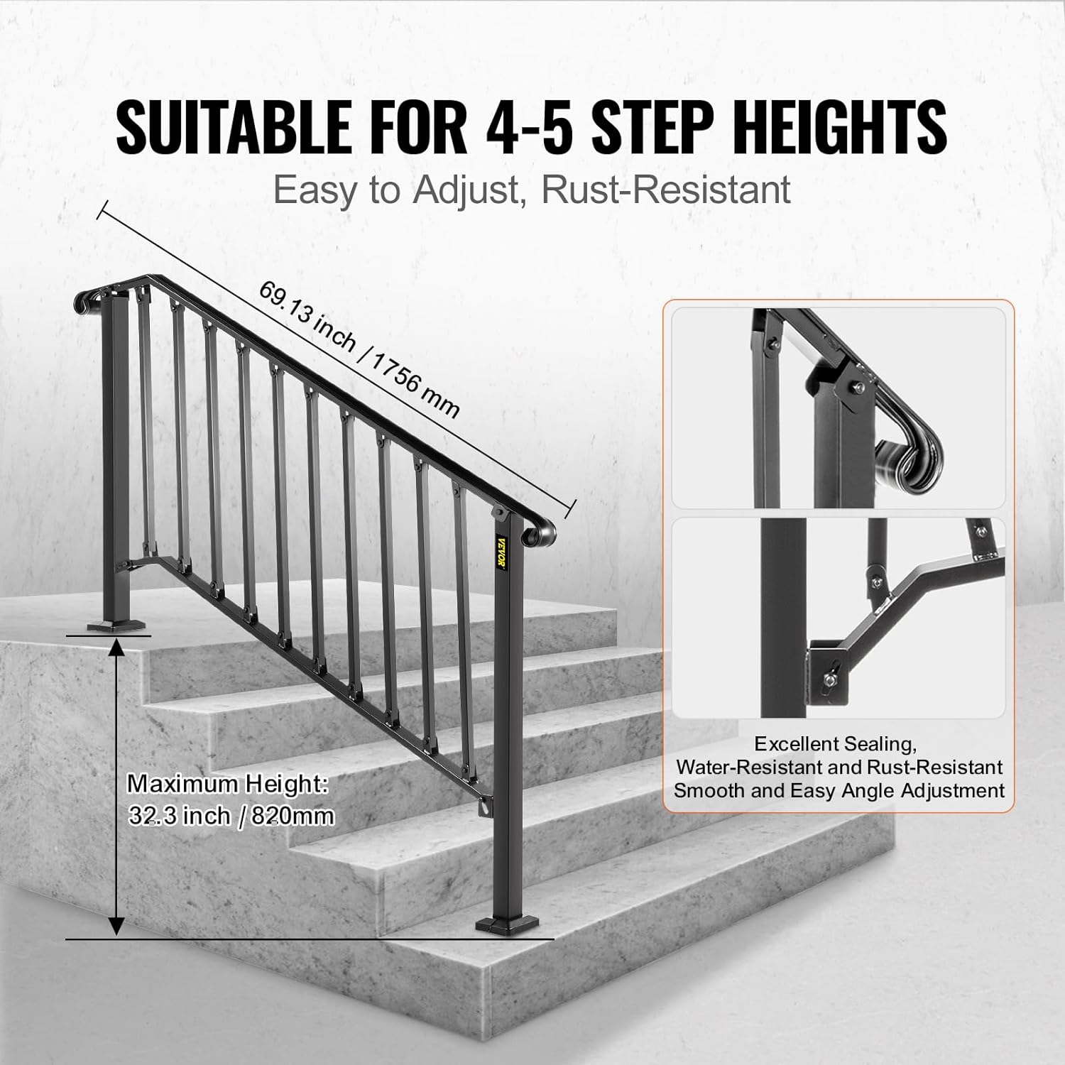 VEVOR Handrail for Outdoor Steps, 4-5 Steps Black Fence Outdoor Handrail - $95