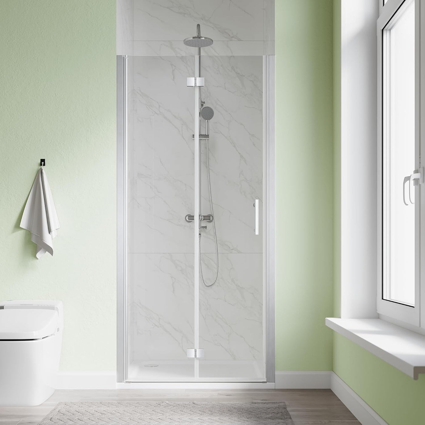 Bifold Shower Door, 34" W x 72" H, 1/4" Tempered Glass Shower Door, Brushed Nickel - $180