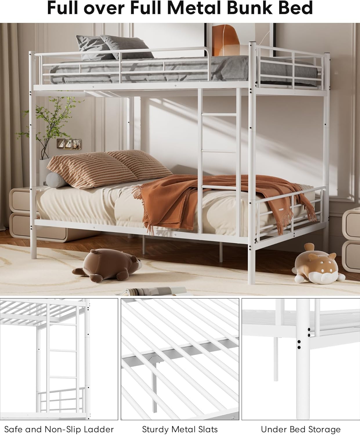 Metal Full Over Full Size Bunk Bed with Ladder and Full-Length Guardrail - $125