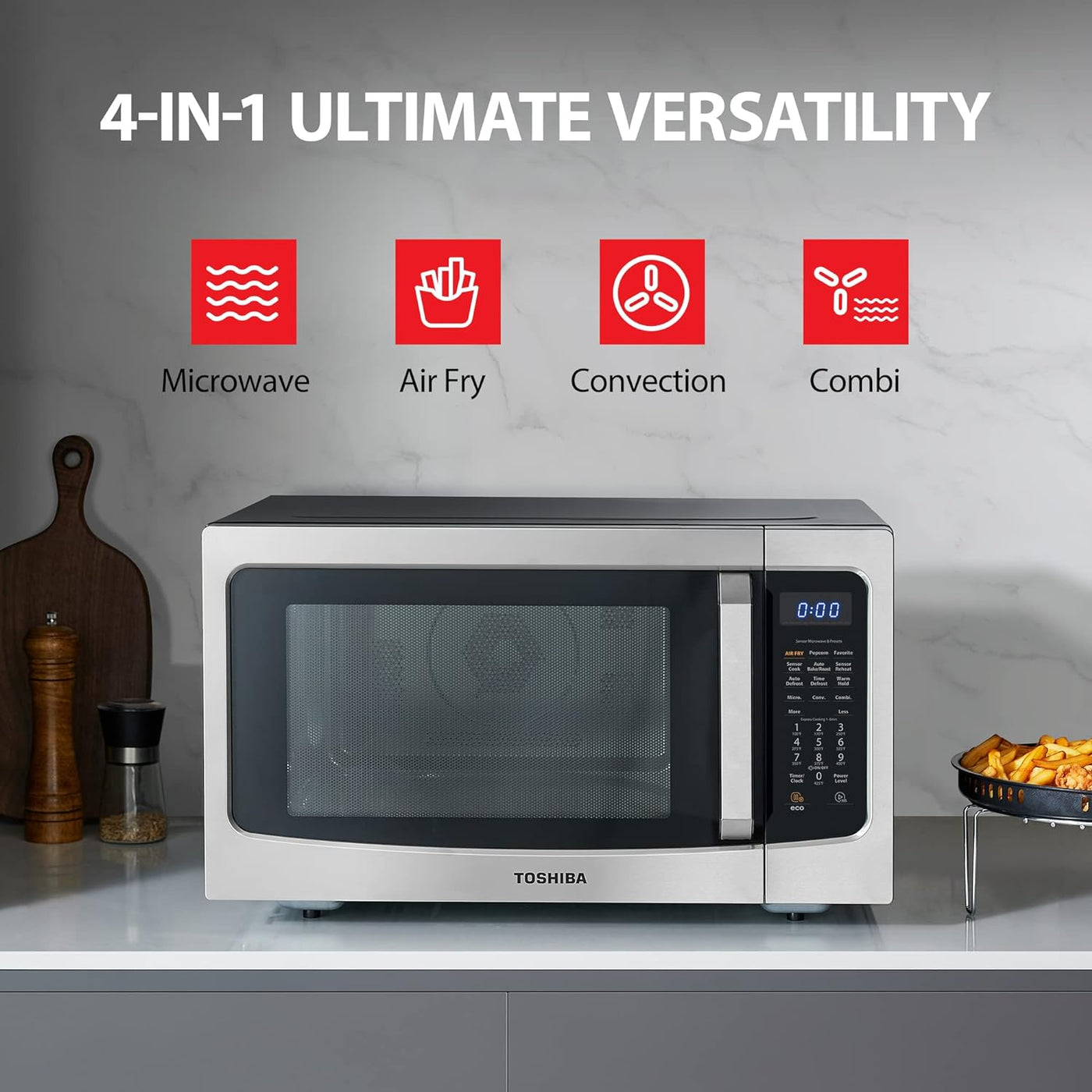 TOSHIBA 4-in-1 ML-EC42P(SS) Countertop Microwave Oven, 1.5 Cu Ft, 1000W, Silver - $130