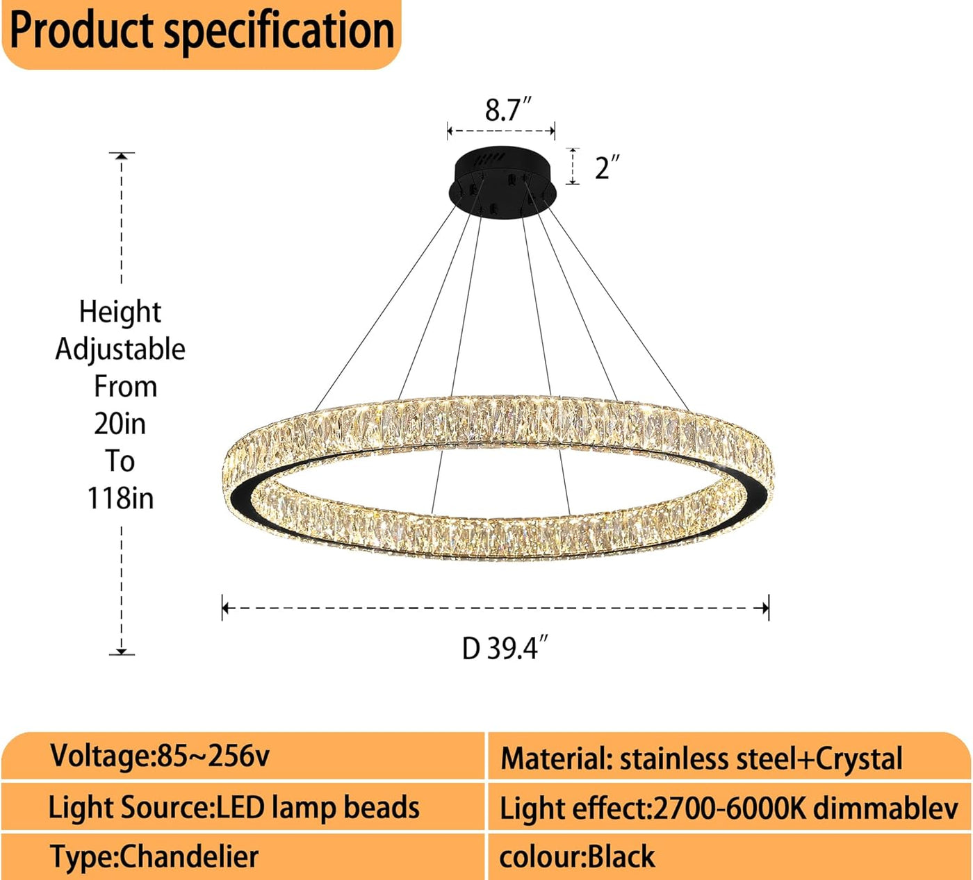 Modern LED Dimmable Crystal Chandelier 39.4" Ring Pendant Light - $240