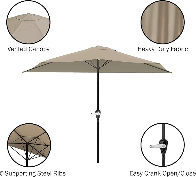 Pure Garden Half Patio Umbrella - 9 ft Patio Umbrella with Easy Crank (Tan) - $30