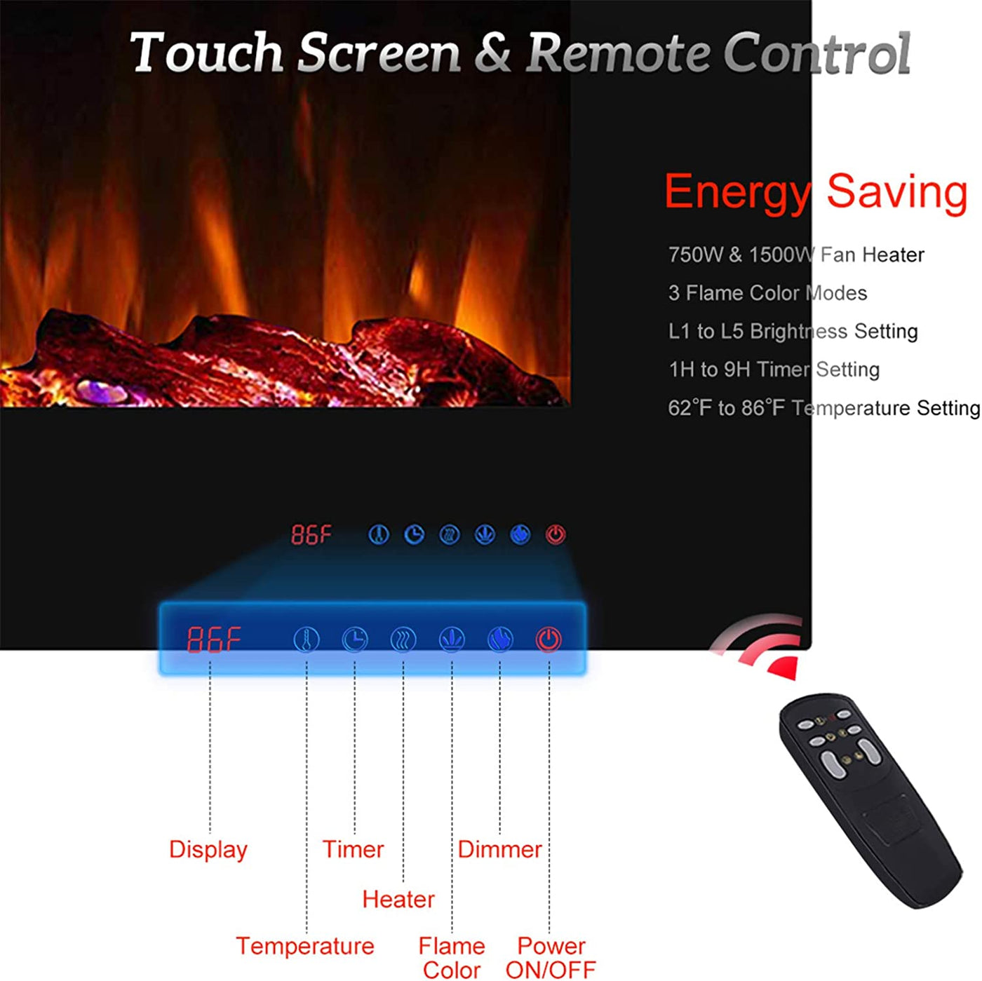 Valuxhome 36 Electric Fireplace, Touchscreen, 750/1500W, Black, 36" L21 H - $275