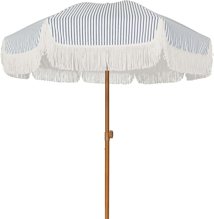 AMMSUN 7ft Patio Umbrella with Fringe Navy Blue Stripes - $55