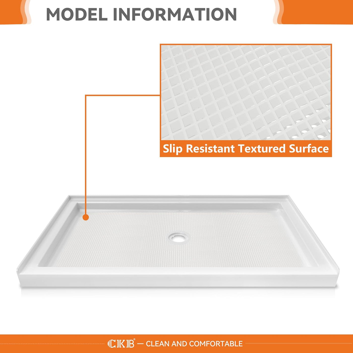 CKB 60 in. L x 36 in. W Center Drain Shower Base, Single Threshold Shower Pan - $240